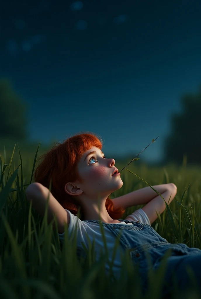 Profile angle shot, A tomboy redhead girl with freckles and big blue eyes, lying in a meadow with her hands under her head, holding long stem of long grass in her mouth, gazing at the starry sky, dreamy atmosphere, (best quality,4k,8k,highres,masterpiece:1...