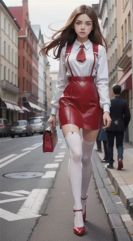 cute teen  beautiful schoolgirl, beautiful cute teen face, red leather skater pinafore dress, transparent white blouse, brunet long hair, beautiful eyes. stockings, high heels shoes, schoolgirl teenager walking on street, photorealistic, perfect  figure, г...