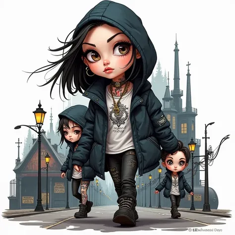 Create an image from a punk cartoon of a boy and a girl couple walking down the street painted gothic style because the 3D design is a type of cyberpunk illustration more in tattooed caricature and white, perfect face and all in 3D. High quality 8K in deta...