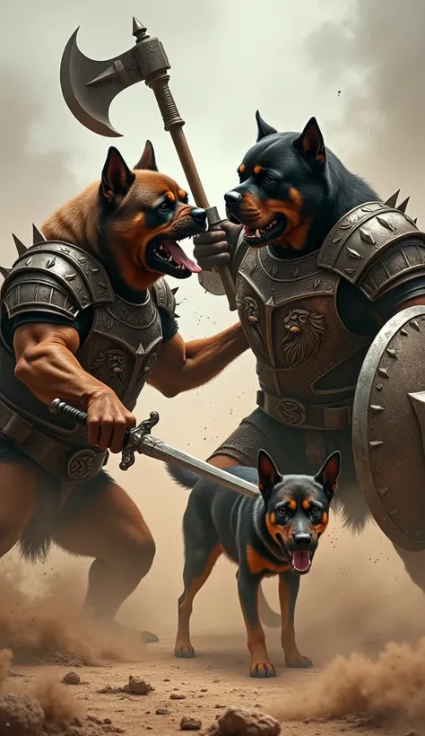 The Rottweiler and the Bullmastiff engage in a fierce battle, their weapons clashing in an explosion of dust and energy. The Bullmastiff wears heavy armor with reinforced plating on its shoulders and chest, showcasing its strength. The Rottweiler  wields a...