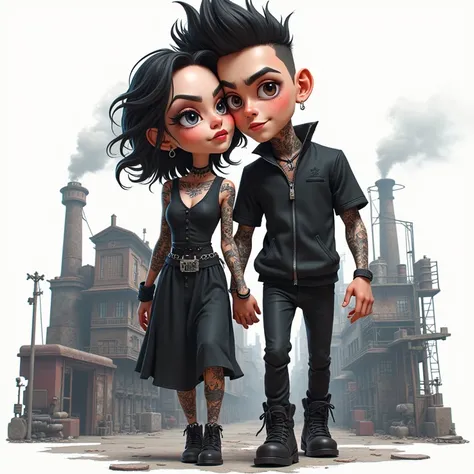 Create an image from a punk cartoon of a boy and a girl couple walking down the street painted gothic style because the 3D design is a type of cyberpunk illustration more in tattooed caricature and white, perfect face and all in 3D. High quality 8K in deta...