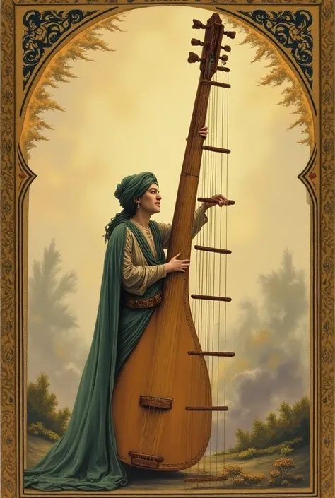 book cover painting idea of a traditional Persian book called Journey to the World of Music, in which a human climbs the strings of the setar instrument that the strings have become in the shape of a ladder