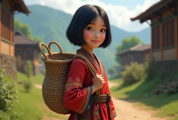 Bhutanese village girl with short hair wearing Kira and carrying basket in the back (realistic) full body