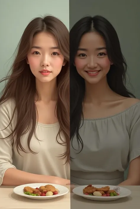 A before and after image of a woman: in the first frame, she has long, flowing hair, and in the second, her hair is cut short but her ren are smiling with food on the table including  poor life