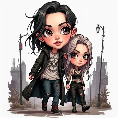 Create an image from a punk cartoon of a boy and a girl couple walking down the street painted gothic style because the 3D design is a type of cyberpunk illustration more in tattooed caricature and white, perfect face and all in 3D. High quality 8K in deta...