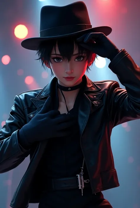  A dark-haired boy wearing a stylish dance outfit,  that includes a black hat ,  a shiny jacket and gloves .  He is in a dynamic dance pose , transmitting energy and passion. Above the boy , must be written " MC AJ back to the dances " and below it "Homage...