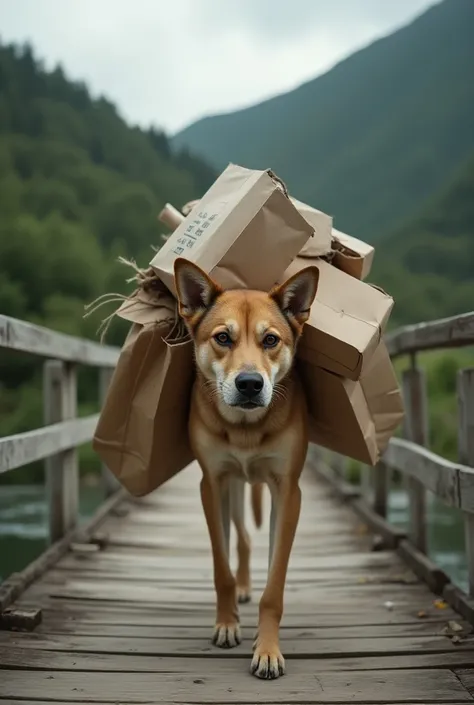 realistic photo of a dog carrying store items in his neck and going far from his home by the bridge and he is crying 