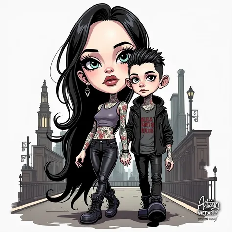 Create an image from a punk cartoon of a boy and a girl couple walking down the street painted gothic style because the 3D design is a type of cyberpunk illustration more in tattooed caricature and white, perfect face and all in 3D. High quality 8K in deta...