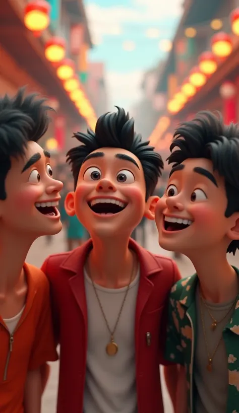 Generate a high quality, realistic seen in cinematic 3d style 
All the ren boys started laughing. 
