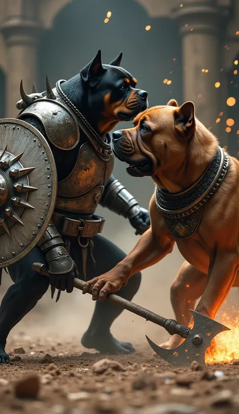 (A fierce battle between a Rottweiler and a Bullmastiff in an ancient arena, highly detailed, realistic, epic scene, dramatic lighting, incredible detail,masterpiece:1.2),(Rottweiler wearing intricate gladiator armor with spiked shield and battle-worn axe,...