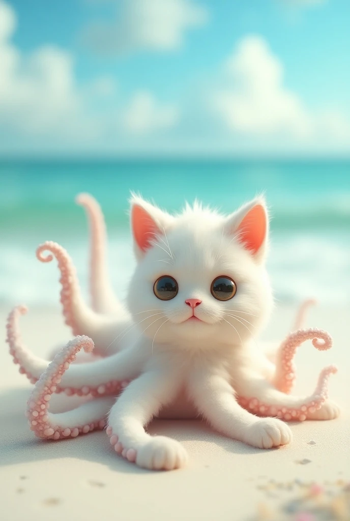  A playful cat with octopus tentacles, lounging on a beach.