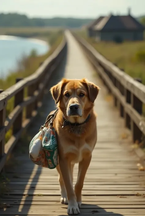 Backside realistic photo of a dog carrying store items in his neck and going far from his home by the long bridge and he is crying with tears  