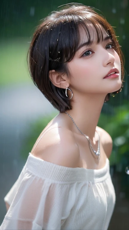 「 beautiful 20 year old woman with short bob cut hair and brown hair, Looking up at the rainy sky 、 raindrops wet her face . She has brown eyes, Wearing an off-the-shoulder white shirt,  small silver earrings on her earlobes .  she also wears a necklace . ...