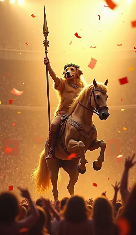 The Golden Retriever stands triumphantly atop its horse in the center of the arena, surrounded by confetti and cheers. The Retriever wears a laurel wreath and holds the lance high, celebrating victory. The horse, adorned with a decorative saddle and protec...