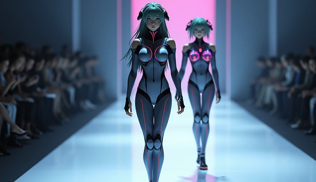 A full-body model in a Neon Genesis Evangelion plugin suit} outfit from the anime walks down the runway looking confident and elegant. Next to her is a cartoon of her of the same height, mirroring her pose, costume, and colors exactly.