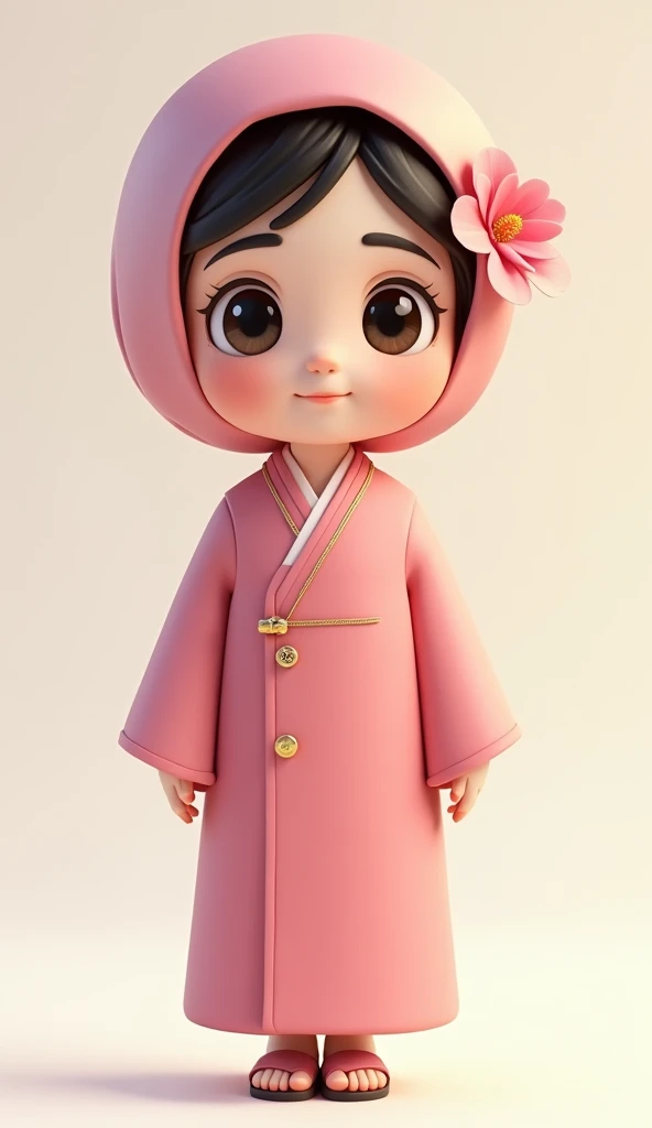 The character is a young girl with light skin and expressive, large eyes. He has thick black eyebrows and wears a neatly wrapped pink head
scarf.2 poni flowers on his scard on ear side. His slim body is dressed in a long pink traditional robe (thobe), with...