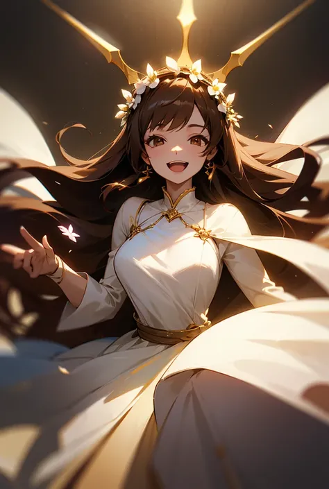 1 matured woman, Long Hair, Smile, Open Mouth, Brown Hair, Anatomically Correct, Cinematic Lighting, Jewelry,  Flower Crown, White Dress, looking at viewer 