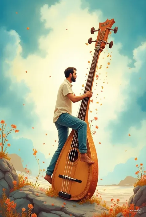 
The painting idea of the cover of a traditional Persian book called Journey to the World of Music, in which a man climbs the strings in the shape of a ladder of the sitar instrument in cartoon watercolor style 