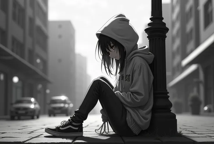 A japanese school girl sits on the ground with her back against an antique lamppost. She is wearing an elaborate hooded sweatshirt and jacket, jeans, and sneakers. Her hair is long and messy, and she is looking down at the ground. The image is in black and...