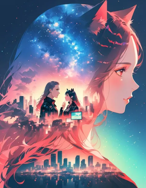 Cyberpunk theme, video game style,  starry sky,Portrait of a couple in love , double exposure,, Girl with cat ears, Red Eyes and a guy with long hair Tom Hiddleston style