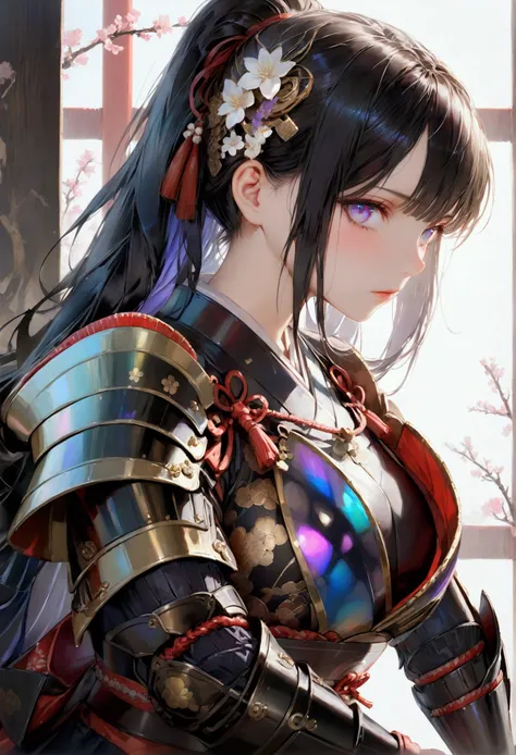 Long smooth straight black hair, inner dark iridescent hair, iridescent eyes,hourglass body figure,sitting in samurai armour. (masterpiece, super detail,detailed eyes, best quality, 8k,realistic) 