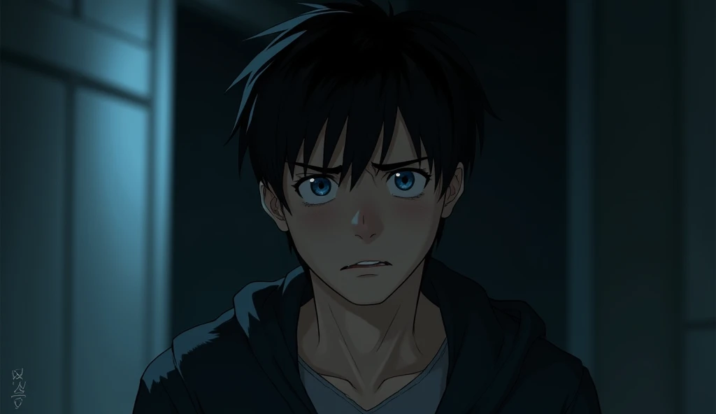 Young man, black hair, blue eyes, worried look, night time indoors, 