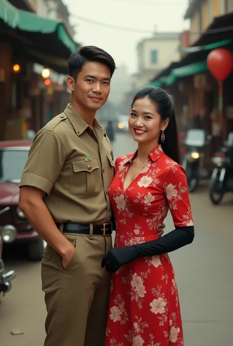 A highly realistic image of an American soldier in his 1980s military uniform posing for a photo with a beautiful Thai woman. The woman is dressed in a red floral-patterned dress and long black gloves, standing beside the soldier with a charming smile. The...