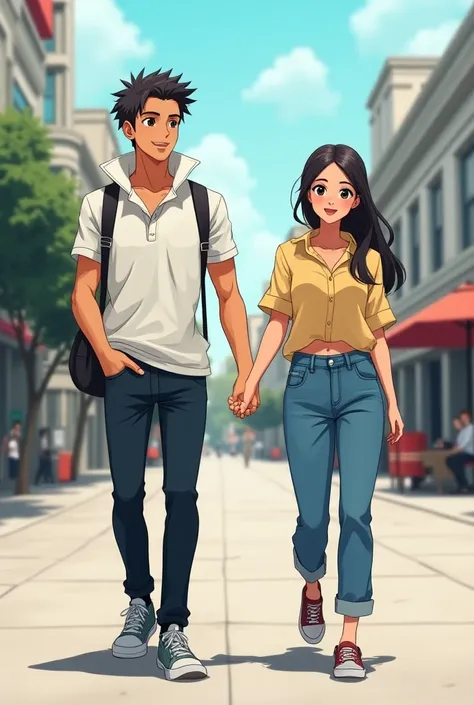 Anime Man wearing a Massive Popped Collar Polo thats taller than his head while walking with with his girlfriend