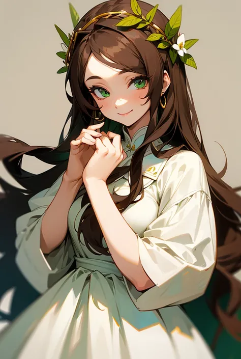 1 matured woman, Long Hair, Smile, Brown Hair, Anatomically Correct, Jewelry,  Flower Crown, White Dress, looking at viewer, correct hands and fingers, very vibrant color, green eyes, 