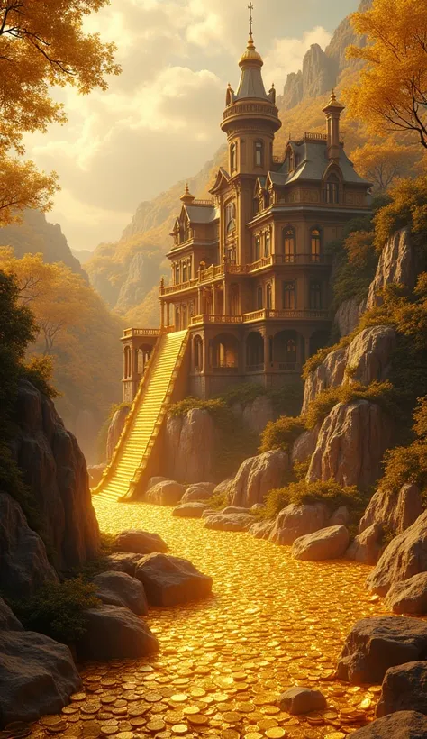 A luxurious house surrounded by rivers of gold coins.