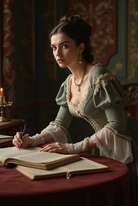 An old aristocratic English woman in a 19 th-century standing near a table, leaning and looking on the table