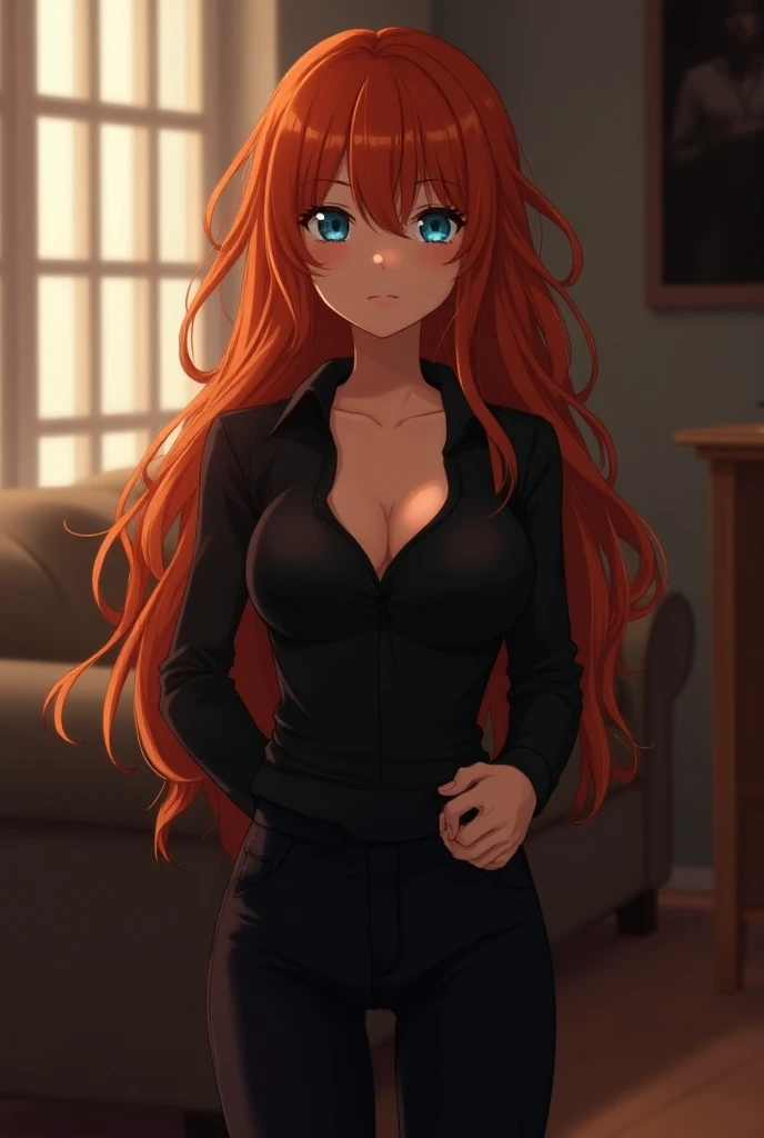 Beautiful young adult girl with long dark orange hair with blue eyes with big breasts wearing a black shirt with short sleeves and tight black pants sexy background a living room .( anime style).