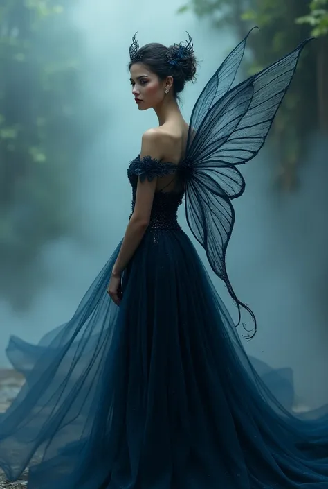 A women looking to the front wearing blue black long sleeve gown with glitter with fairy wings on her back wearing blue black crown