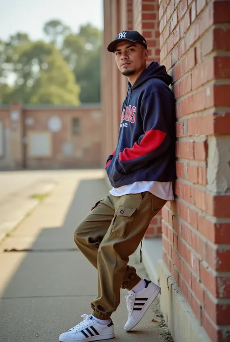 a man named rndy with an urban style leaning against a worn brick wall on a hot summer morning. he is dressed in an oversized ho...