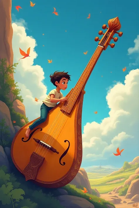 
The painting idea of the cover of a Persian book called Journey to the World of Music, in which a teenage boy climbs the strings in the shape of a ladder of the sitar instrument in cartoon watercolor style 