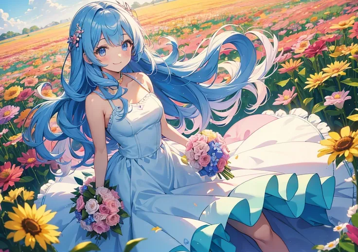 A Disney princess-style girl stands in a flower field full of colorful blooms. She is wearing a fluffy pink dress and holding a bouquet of flowers. Various flowers are swaying in the wind around her, and a soft blue sky is in the background. Her hair flows...