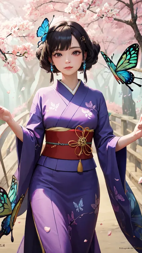 ((Ethereal butterfly maiden:1.3) with (mesmerizing amethyst eyes:1.2, delicate features:1.1)) (flowing ebony hair:1.1) adorned with (iridescent butterfly hairpin:1.2) BREAK (Elegant kimono:1.1) with (intricate butterfly patterns:1.2, shimmering silk:1.1) B...