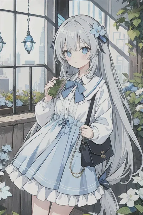 gray hair、very long hair · side tail on the right side · eyes of a different color 、left eye is light blue、right eye is gray · f...