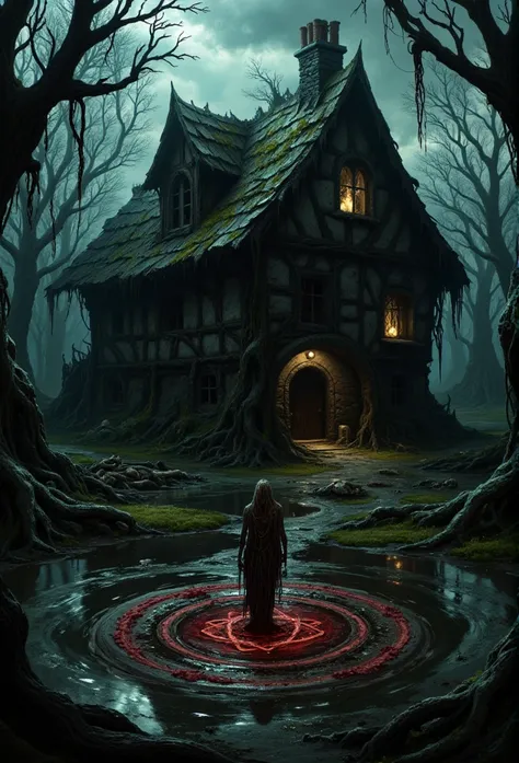 A decaying stone cottage deep in a horrific, cursed swamp, with a moss-covered roof and crumbling walls. Faint, flickering light struggles through broken windows, and dark smoke rises menacingly from the chimney. Surround the scene with dead, twisted trees...