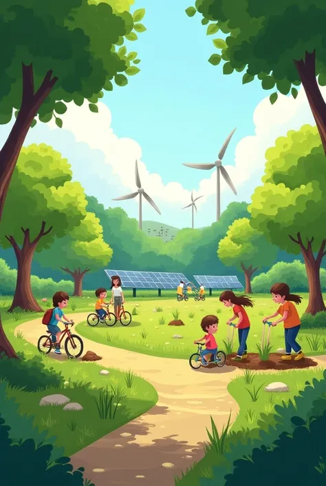 A sunny park，Lush trees，The grass is green 。 people are planting trees in the park ， and there are children riding bikes around 、Play and play。In the background， The solar panels and wind turbines are running quietly ， showing the concept of clean air and ...