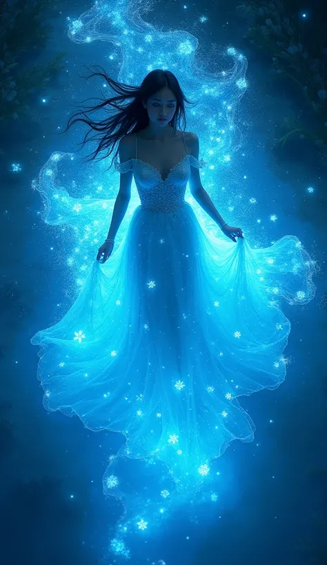 MagicaI fantasy night, beautiful princess, Top view of woman trapped in glowing blue sea, beautiful eyes, beautiful face, beautiful lips, black hair, 20yo, cute girl, magical white glowing flowers light, wearing blue glowing sparkles long cloak wedding dre...