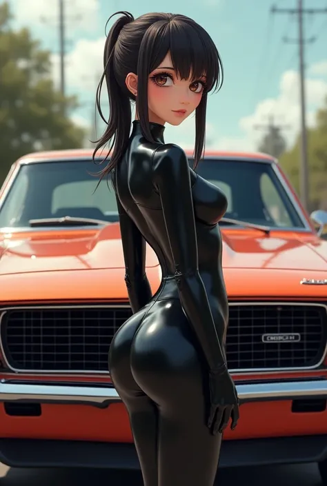 Slim thick anime girl in tight latex clothing, infront of a 1969 Chevy Camaro