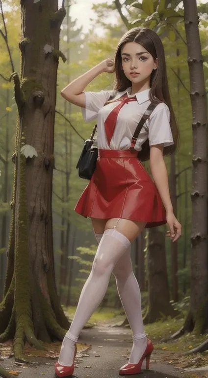 cute teen beautiful schoolgirl, beautiful cute teen face, red leather skater pinafore dress, transparent white blouse, brunet lo...