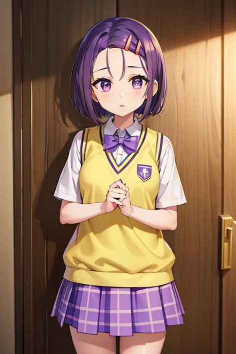 Haruna Sairenji, girl、 one girl 、Hair Accessories, Hair Clip, (Purple eyes:1.1), Purple Hair, short hair, Swept-apart bangs, (forehead:1.2), white shirt, Sweater vest, (Yellow vest:1.1), Short sleeve, Checkered skirt, Green Skirt, Short sleeve,Best Quality...