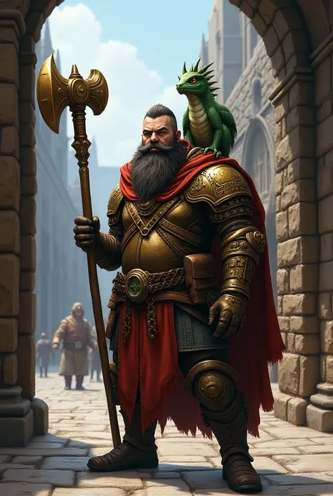 Dwarven armourer cleric adventurer holding a dwarven thrower hammer at gates of rhenhigh quarter in the city of greyhawk with a oet psyduo dragon on his shoulder