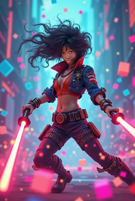 beat saber  filles et cheveux milon boucler et décoiffé, découpe beaucoup de cube qui se multiplie avec sabres bleu et rouge avec une tenu steampunk 