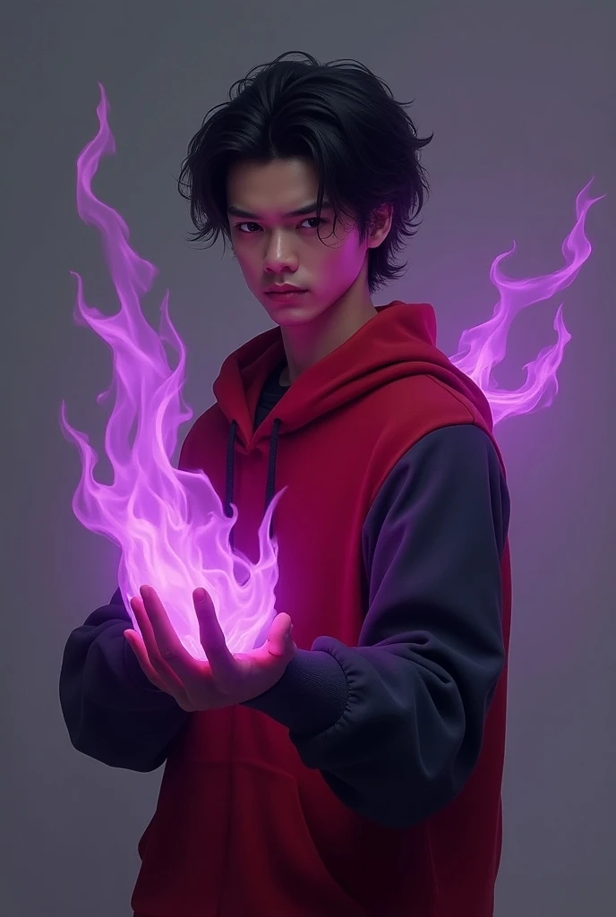 A 18 age of teen with red coloured hoodie but dark grey in both hand of hoodie, semi dark skin asian guy. and purple fire in his left hand with back pose and Cynical eyes. In realism 