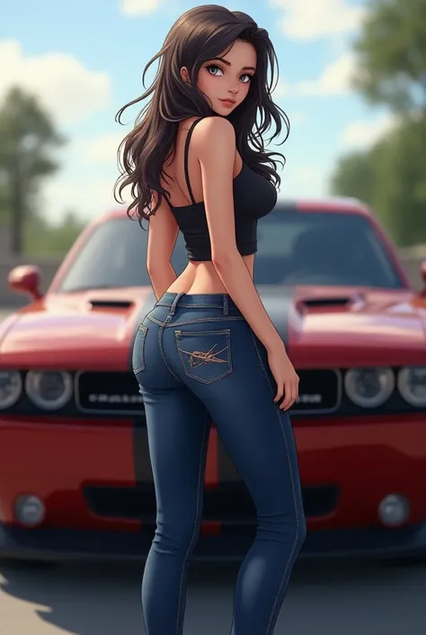 Slim thick anime girl in tight jeans, infront of a 2008 Dodge Challenger SRT8