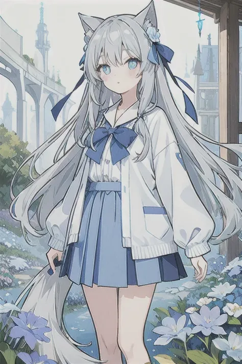 gray hair、very long hair · side tail on the right side · eyes of a different color 、left eye is light blue、right eye is gray · f...