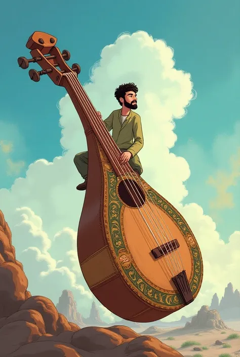 
The painting idea of the cover of a Persian book called Journey to the World of Music, in which a adult man climbs the strings in the shape of a ladder of the sitar instrument in cartoon watercolor style 